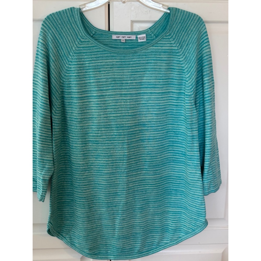 Eight Eight Eight Womens Teal Striped 100% Cotton 3/4 Sleeve Knit Sweater Large